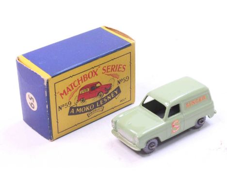 Matchbox Lesney No. 59 Ford Thames "Singer" Van in light green with grey plastic wheels, sold with its original box (VNM-BVGN