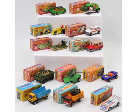 Matchbox Superfast boxed group of 12 to include, No. 7 VW Golf, No. 20 Police Patrol, No. 43 Dragon Wheels, No. 47 Beach Hopp