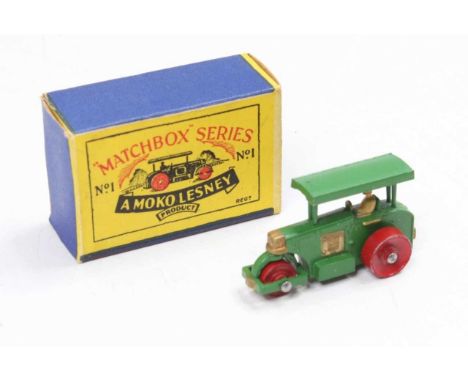 Matchbox Lesney No. 1 Aveling Barford Road Roller in green with red wheels and gold trim, a first issue model with the much m