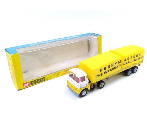 Corgi Toys No. 1147 Ferrymasters Scammell Truck, yellow and white tractor unit with yellow canopied trailer in Ferrymasters l