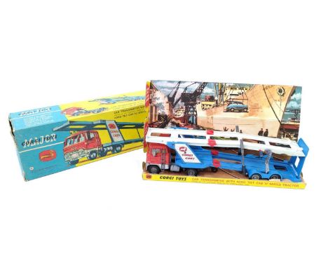 Corgi Toys 1138 Car Transporter with Ford Tilt Cab H series tractor unit and trailer, comprising of red and blue body with ca