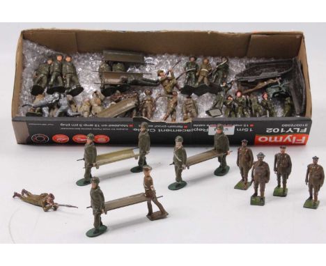 Collection of various Britains, Flat, Hill Co and similar WW2 period military figures, to include Hill Co Stretcher Bearer te