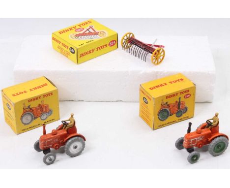 Dinky Toys group of 3 boxed farming models - 2x No. 301 Field Marshall Tractor in burnt orange, one with green wheels and one