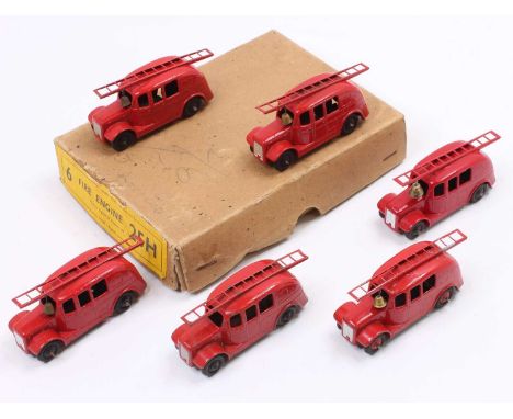 Dinky Toys No. 25H Fire Engine original trade box containing 6 examples finished in red with a red ladder, bell, (one missing