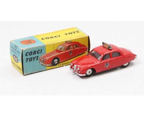 Corgi Toys, 213, 2.4 Jaguar Fire Service Car, red body with spun hubs, in the original yellow and blue all card box, with lea