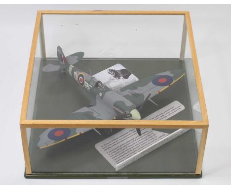 1/24th scale plastic kit built model of a Spitfire MK VB AB910 Aircraft, housed in a wooden and glazed display case