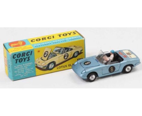 Corgi Toys, 318, Lotus Elan S2 "I've got a Tiger in my Tank", Steel Blue body, Black interior, spun hubs, Racing number 8 dec