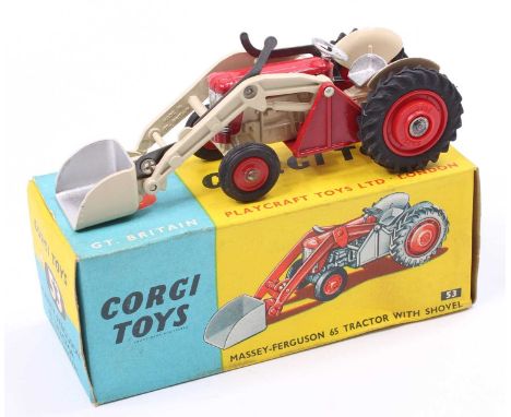 Corgi Toys, 53 Massey Ferguson 65 tractor with shovel, bright red bonnet, grey plastic steering wheel, red metal hubs, silver