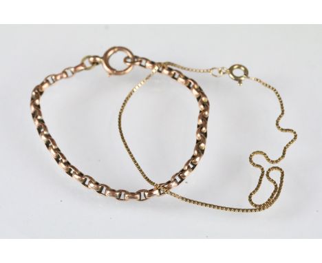 Two 9ct gold bracelets to include an early 20th Century rose gold bracelet with spring ring clasp (marked 9ct) and a fine lin