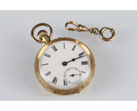 Early 20th Century 18ct gold open faced fob watch having a white enamelled dial with roman numerals to the chapter ring and s