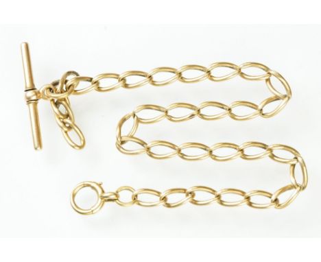 18ct gold pocket watch chain having oval curb links with T bar and spring ring clasp. Marked 18 to jump links and spring ring
