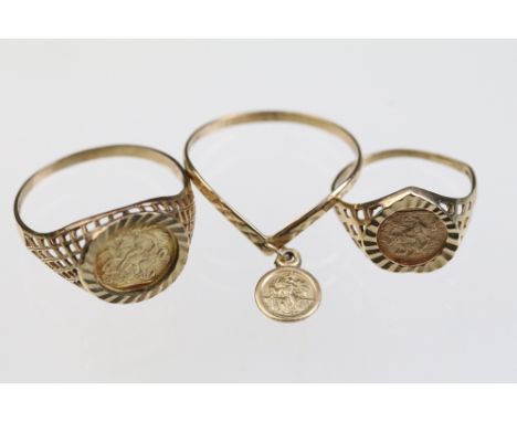 Three 9ct gold rings to include two St George and the Dragon rings (both hallmarked, size R and I) and a wishbone ring with a