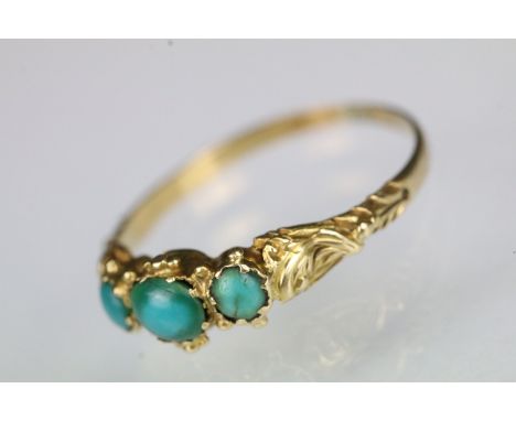 19th Century Victorian and turquoise three stone ring having scrolled floral shoulders. Unmarked. Size Q. 