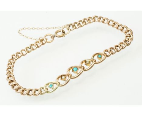 Early 20th Century 9ct bracelet having large curb links set with turquoise and pearls to centre and a spring ring clasp. Meas
