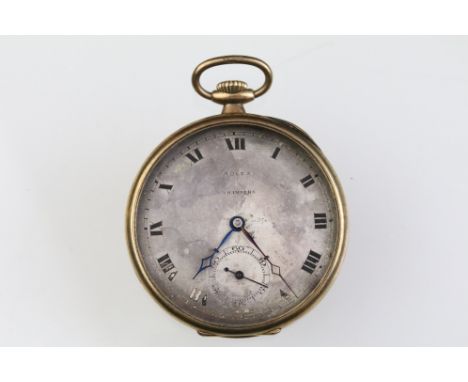9ct gold Rolex open face pocket watch having an engine turned fade with roman numerals to the chapter ring with subsidiary di