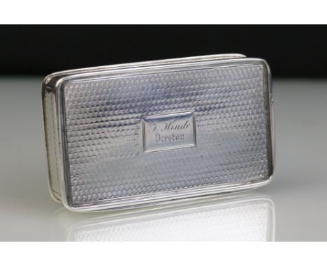 William IV 19th Century silver hallmarked snuff box having engine turned exterior with rectangular initial panel to lid. Hall