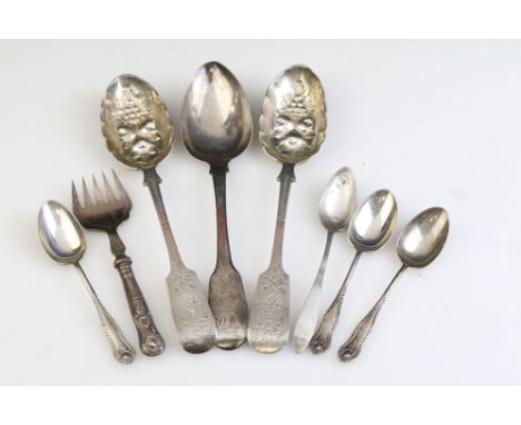 Collection of antique silver flatware to include three silver hallmarked berry spoons (two hallmarked London 1888, one London
