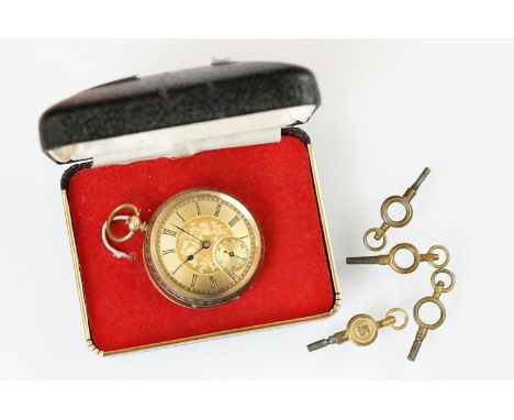 Early 20th Century 14ct gold open faced pocket watch having an engine turned chapter ring, subsidiary dial to six and floral 