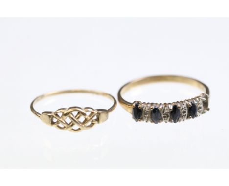 Two 9ct gold rings to include a ring set with four marquise cut sapphire (one missing, hallmarked Birmingham) and a ring with