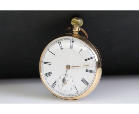 14ct gold open face pocket watch having a white enamelled dial with roman numerals to the chapter ring and subsidiary dial to