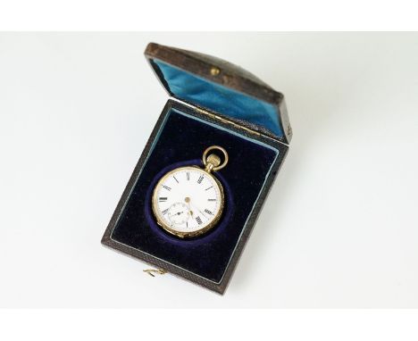 19th Century Victorian 18ct gold open face fob pocket watch having a white enamelled dial with roman numerals to the chapter 