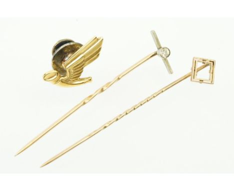 9ct gold hallmarked winged horn pin together with two Victorian stick pins one having a square finial (hallmarked 9ct gold to