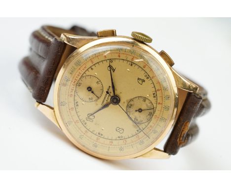 An 18ct gold Chronographe Suisse manual wind wristwatch, An 18ct gold Chronographe Suisse manual wind wristwatch, the signed 