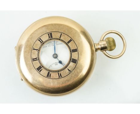 9ct gold half hunter Kendal &amp; Dent pocket watch having a white dial with roman numerals to the chapter ring and subsidiar