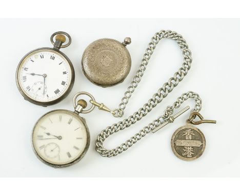 Three silver pocket watches to include two open faced pocket watches with white enamelled dials and roman numerals to the cha