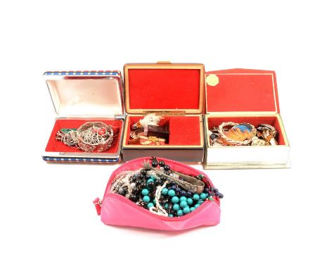 Vintage costume jewellery, brooches, bead necklaces, bangle, two souvenir jewel boxes from Monaco and Venice.