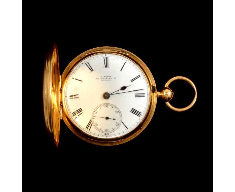 An 18 carat yellow gold full hunter pocket watch, the white enamel dial having a Roman numeral chapter ring and subsidiary se