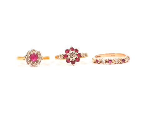 Three ruby and diamond rings, a 10mm circular cluster with ruby to centre surrounded by eight 8 cut diamonds in an 18 carat y