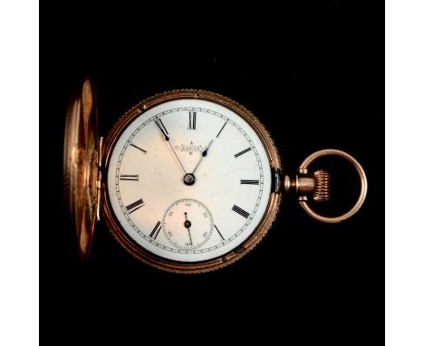 An Elgin full hunter pocket watch, the white enamel dial missing glass having a Roman numeral chapter ring and subsidiary sec
