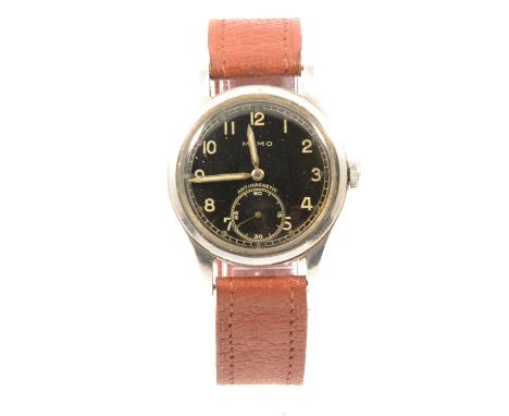 Mimo - a gentleman's 1940's German antimagnetic military issue wristwatch, 28mm circular black dial with Arabic numerals and 