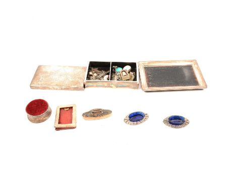 A silver coloured and wooden jewel box and contents, the twin section box with separate lid and tray marked "Silver 950 Wako"