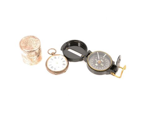 Kendal &amp; Dent - an 800 silver open face pocket watch and folding Engineer directional compass, small cylindrical box by S