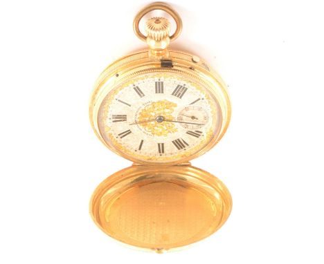 Victor Jeannet - A yellow metal full hunter pocket watch, the gold and cream engraved dial having a Roman numeral chapter rin