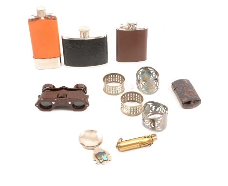 A Lichfield leather and stainless steel hip flask; an Aston Brown leather and stainless hip flask; and another hipflask; a st