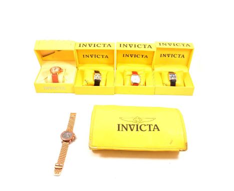 Invicta - Five gentlemen's wristwatches, mostly quartz movements, rose metal and stainless steel cases, mostly leather straps