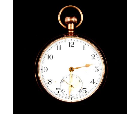 A 9 carat yellow gold open face pocket watch, the white enamel dial with Arabic numeral chapter ring in a 9 carat yellow gold