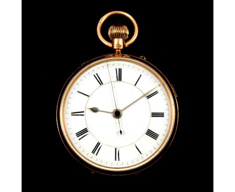 An 18 carat yellow gold open face pocket watch, the white enamel dial having a Roman numeral chapter ring and centre seconds 