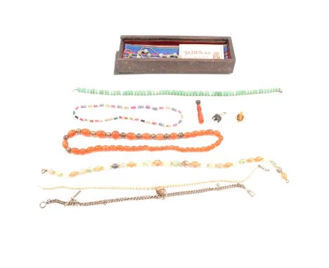 Natural crystal beads; a plastic bead necklace; a silver solid curb link double watch Albert; a 50mm cornelion desk seal, the