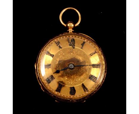 A small 18 carat yellow gold open face pocket watch, the gold coloured dial with floral having a tarnished Roman numeral chap