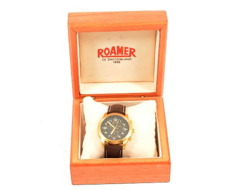 Roamer - a gentleman's chronograph automatic wristwatch, the 27mm circular black dial with arabic numerals, three subsidiary 