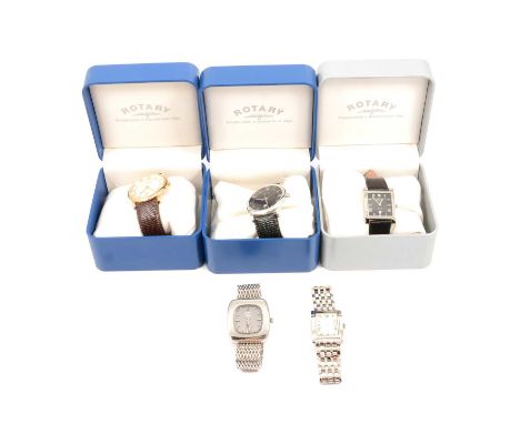 Rotary - five gentlemen's wristwatches, mostly quartz movements, Rotary - a gentleman's wristwatch, 33mm black roman numeral 