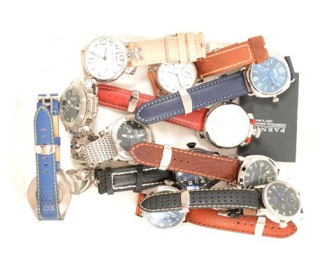 Parnis - eleven gentlemen's wristwatches, some automatic, leather and stainless steel straps, to include Parnis GMT, black di