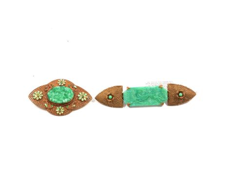 Two brooches, probably Max Neiger of Gablonz, both with pressed green glass panels a 9.5mm long brooch with running gazelle a