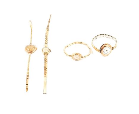 Four 9 carat yellow gold lady's vintage wristwatches, T A Henn &amp; Son Wolverhampton, circular gold coloured Arabic dial in