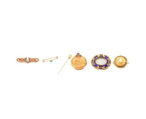 A yellow metal fob watch, an Etruscan-style brooch, a stick pin and other brooches, a yellow metal fob watch, the gold-colour