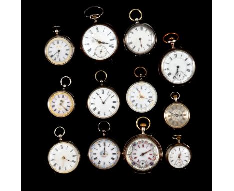 Twelve silver and white metal open face small pocket and fob watches, white enamel dials, some marked 800, one silver dial ha